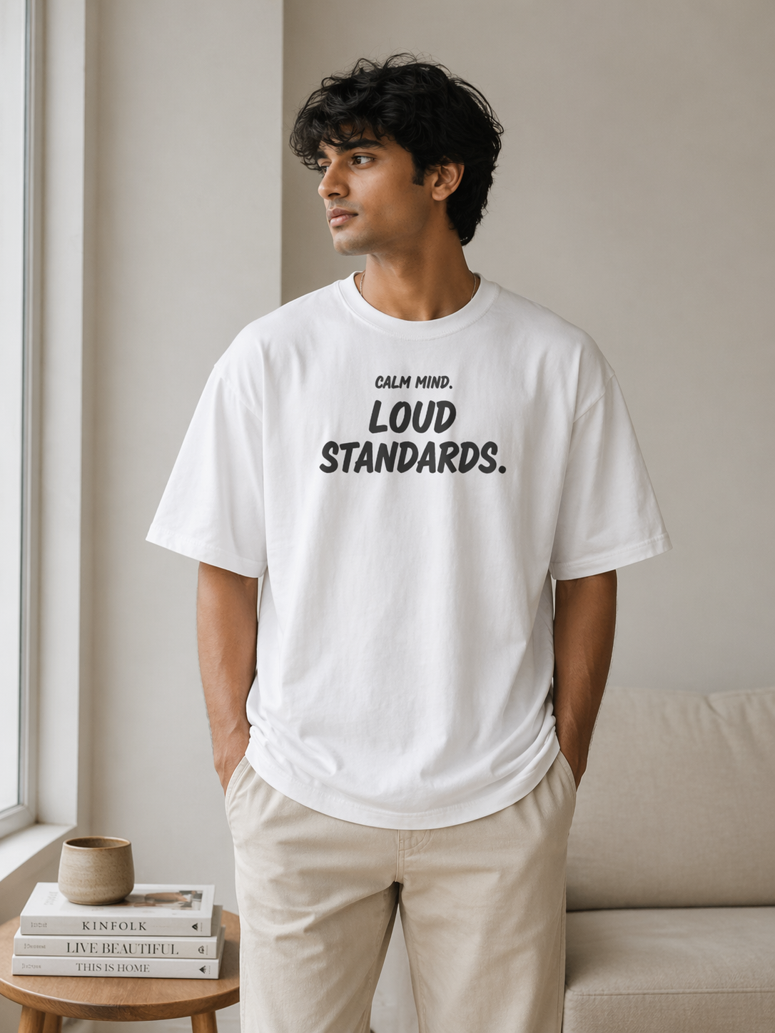 CALM MIND. LOUD STANDARDS. – White Oversized T-Shirt | 220 GSM Premium Cotton